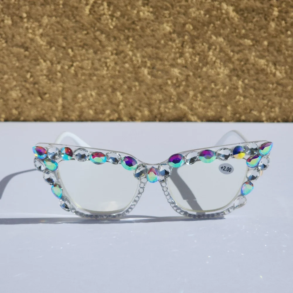 Women's Bling Cat Eye Readers Colorful Rhinestones AB Reading Glasses White+1.00